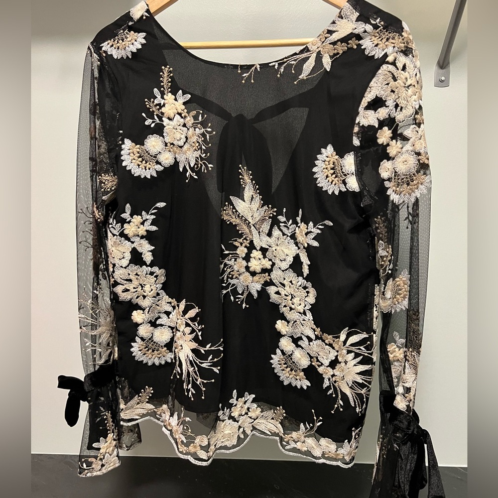 WAYF Embroidered Mesh Top with Ribbons